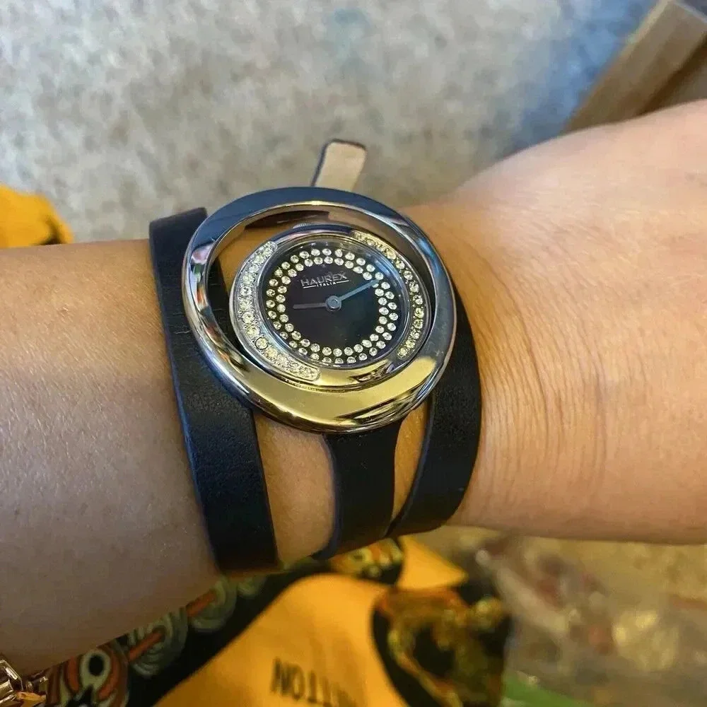 Haurex Italy Lady Watch Original Watch Not Working Silver Crystal Black Leather